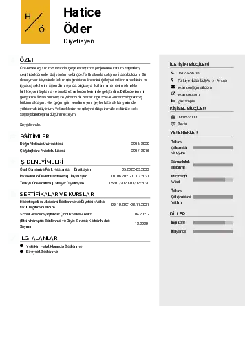 Beslenme Uzmanı Diyetisyen CV Örnekleri cv indir